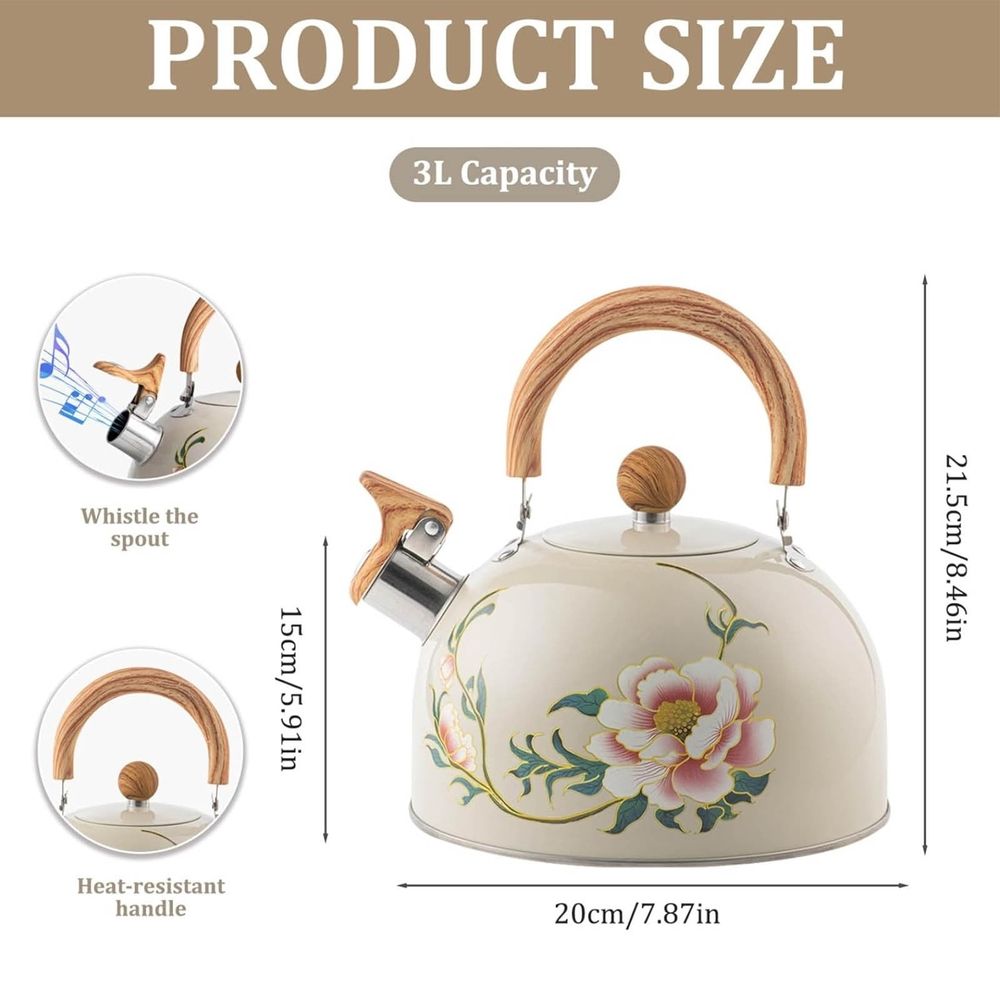 Whistling Tea Kettle Floral Stovetop Kettle with Heat-Handle, Stainless Steel Construction, 3L Capacity, Elegant Design for Hot Beverages