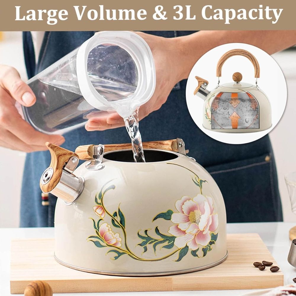 Whistling Tea Kettle Floral Stovetop Kettle with Heat-Handle, Stainless Steel Construction, 3L Capacity, Elegant Design for Hot Beverages
