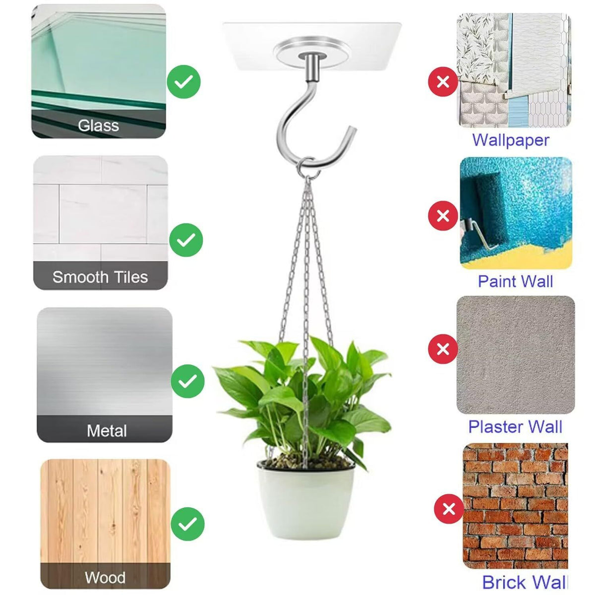 No Hole Adhesive Ceiling Hooks Stainless Steel PVC Ceiling Hooks Waterproof and Durable Adhesive Ceiling Hooks  (8, Square)
