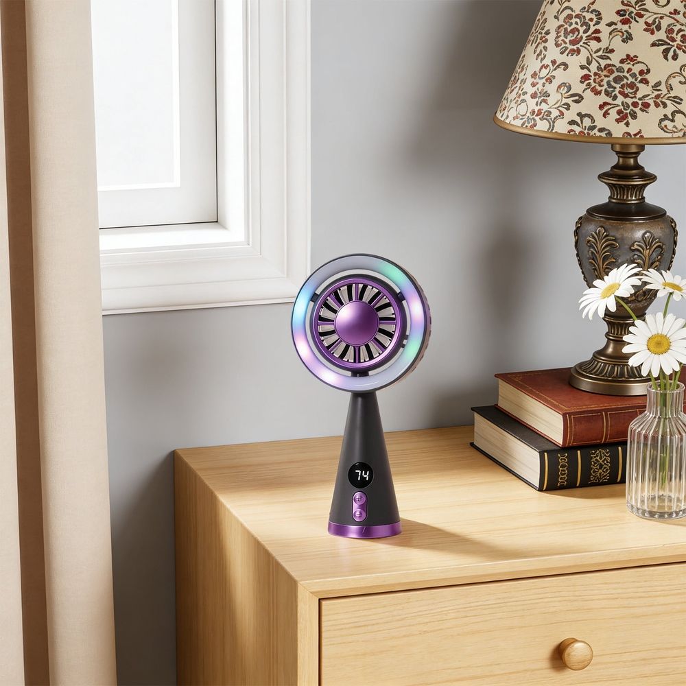 Portable Fan Handheld Mini Fan, LED Light Design, Digital Speed Display, White
