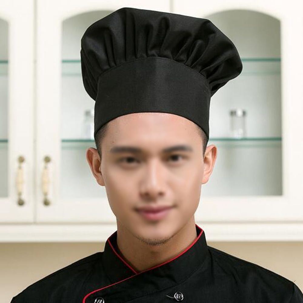 Unisex Black Chef Hat Breathable Soft Polyester Cotton Restaurant Cap Kitchen Cooking Headwear