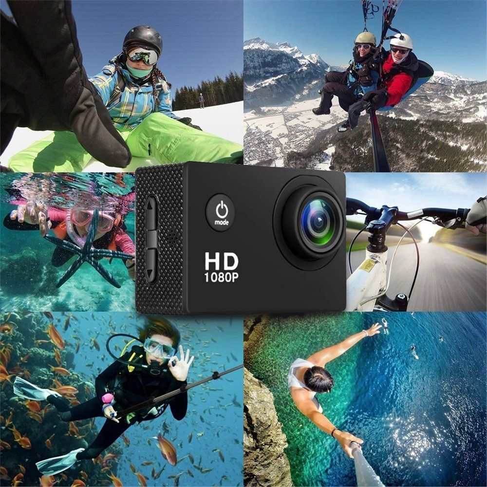 1080P HD Action Camera LCD Screen Waterproof 30m Sports Action Cam for Bicycle, Motorcycle, Skiing, Diving Black,1 x Sport camera kit,Black