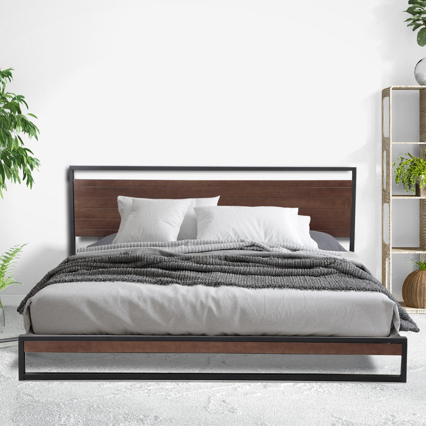 Bed Frame Single Size Azure with Headboard Wood Steel Platform - Black Milano Decor