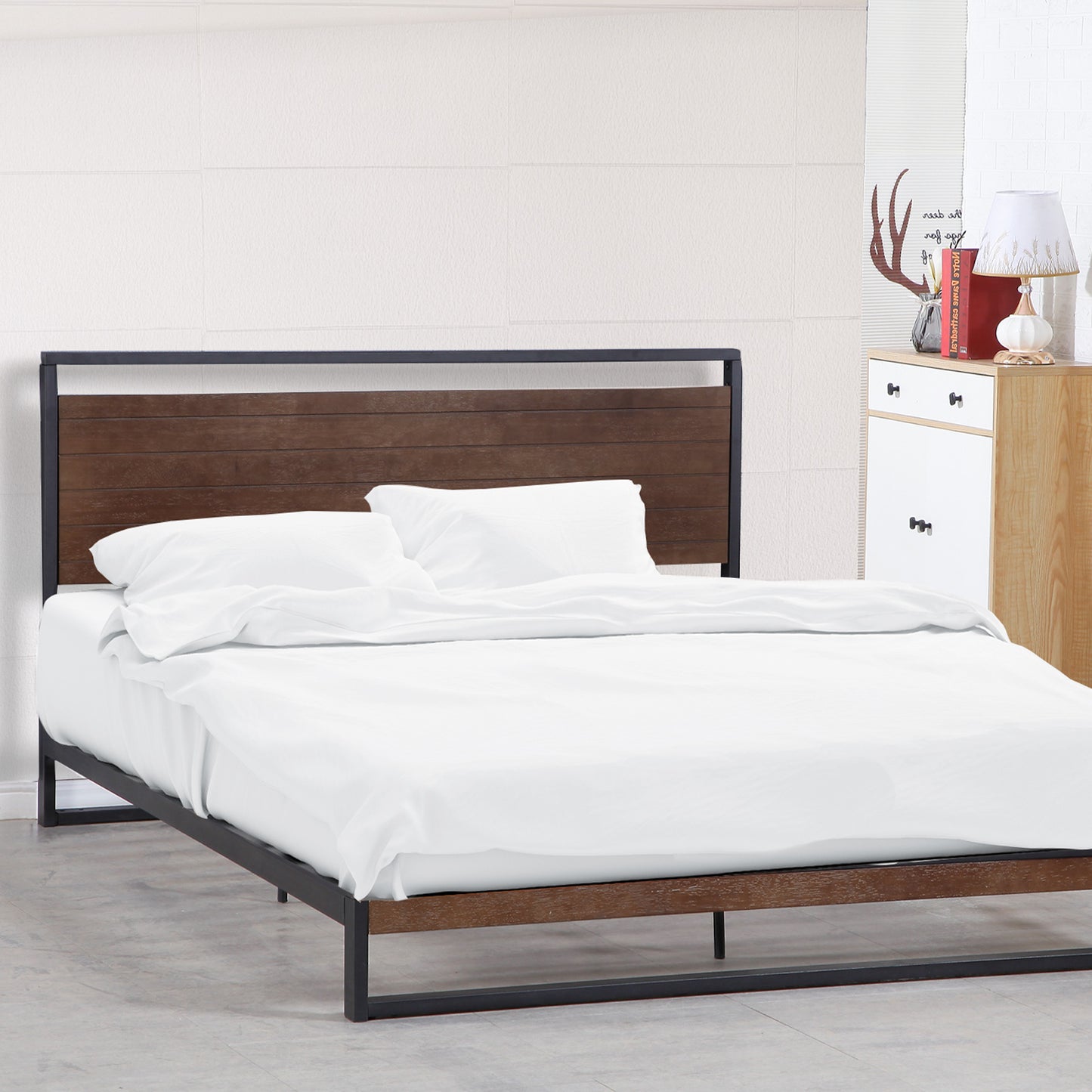 Bed Frame Single Size Azure with Headboard Wood Steel Platform - Black Milano Decor
