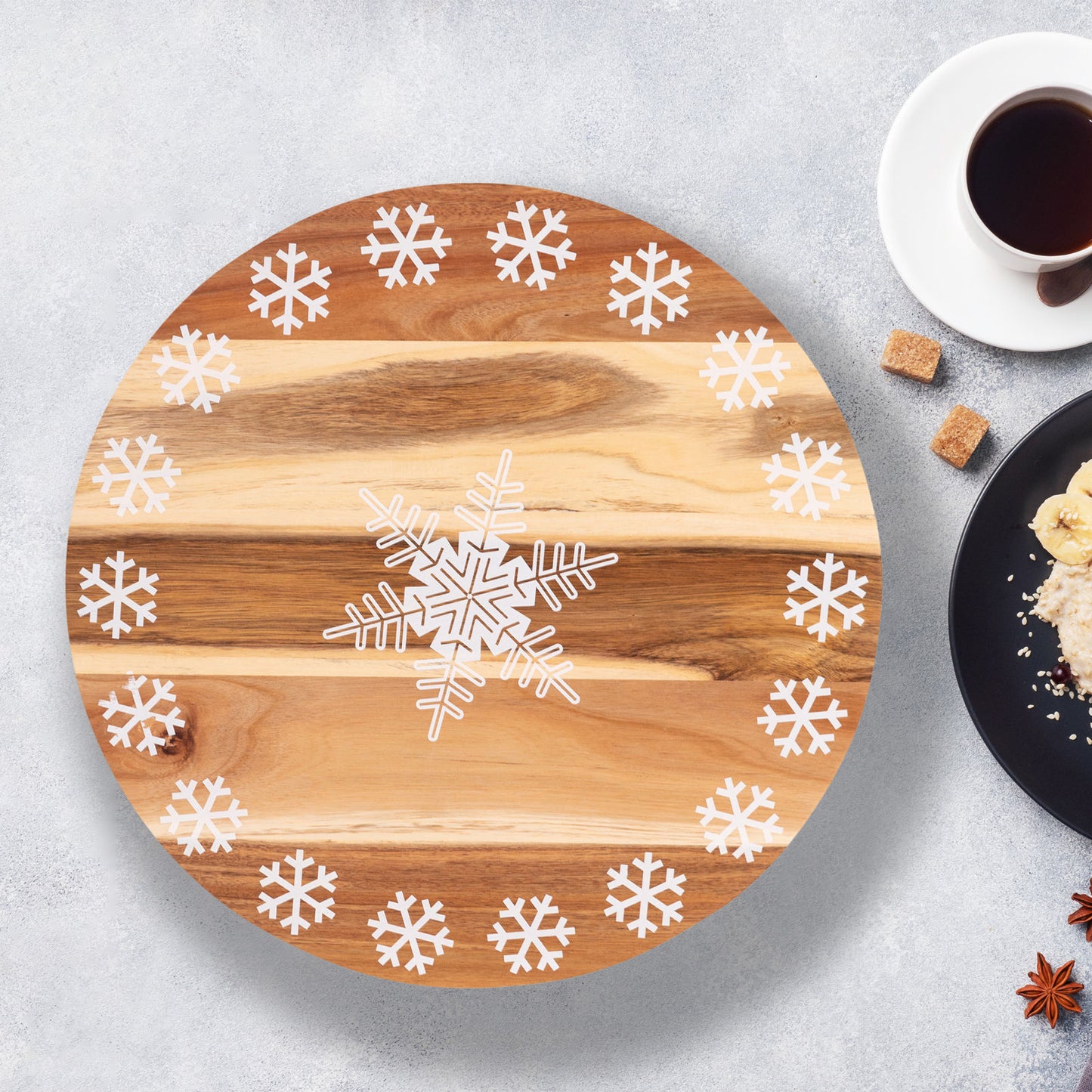 Wooden Lazy Susan Tray 18 Inch Print Bread and Butter - White Snowflake