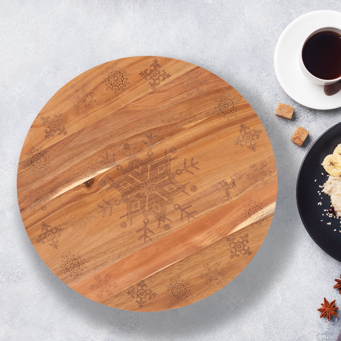 Wooden Lazy Susan Tray 18 Inch Bread and Butter - Wood Snowflake