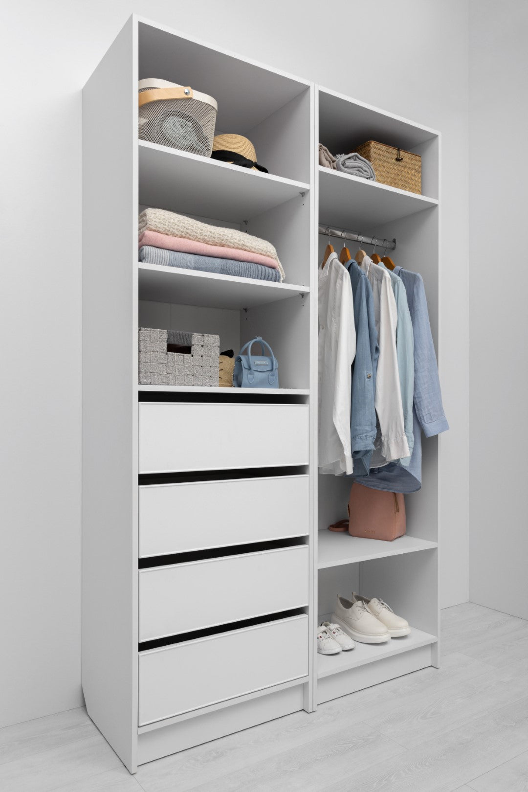 MALMO THREE SHELF/FOUR DRAWER WALK IN WARDROBE - SLIM SHAKER - WHITE