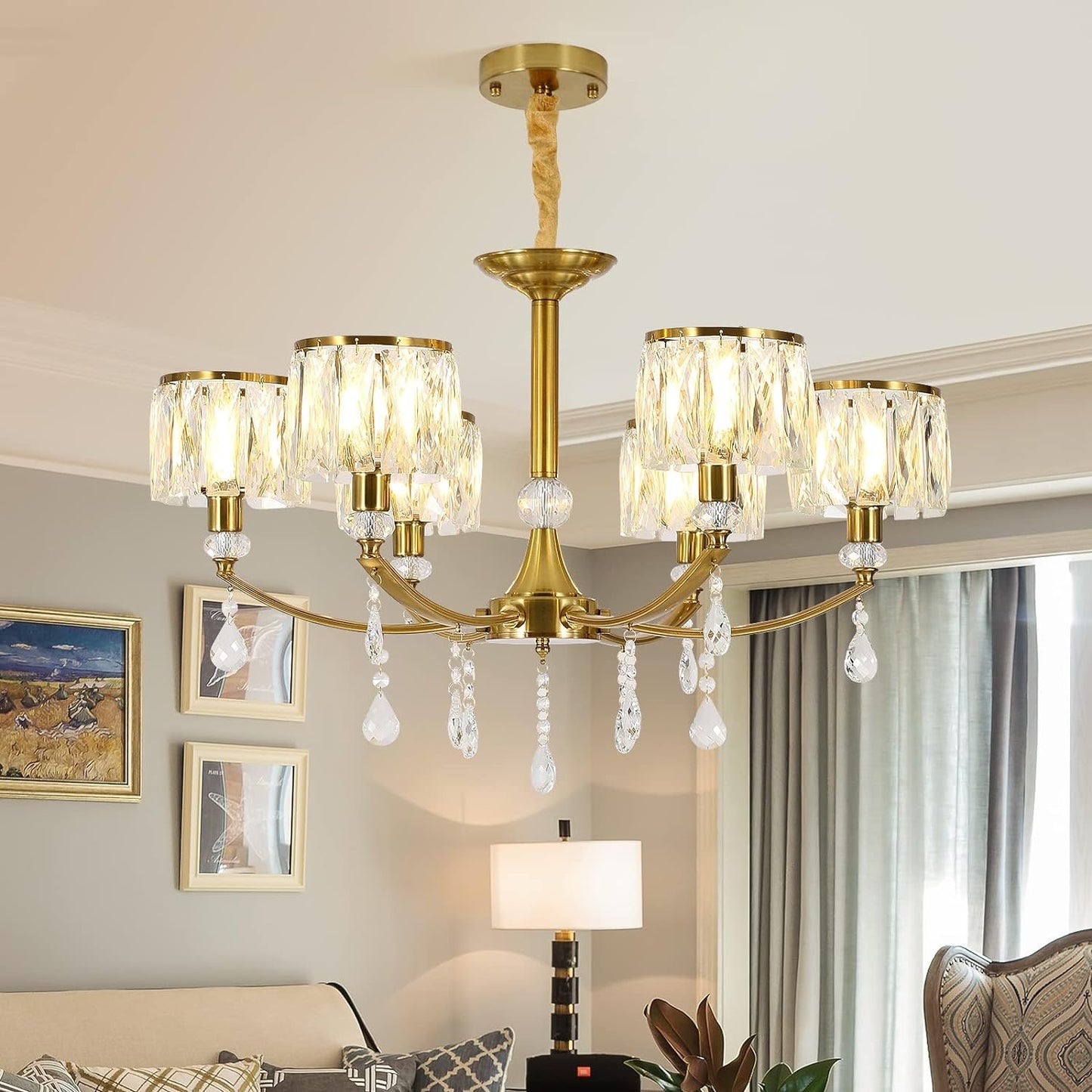 Gold Chandelier, 6 Lights, Wagon Wheel Clear Crystal