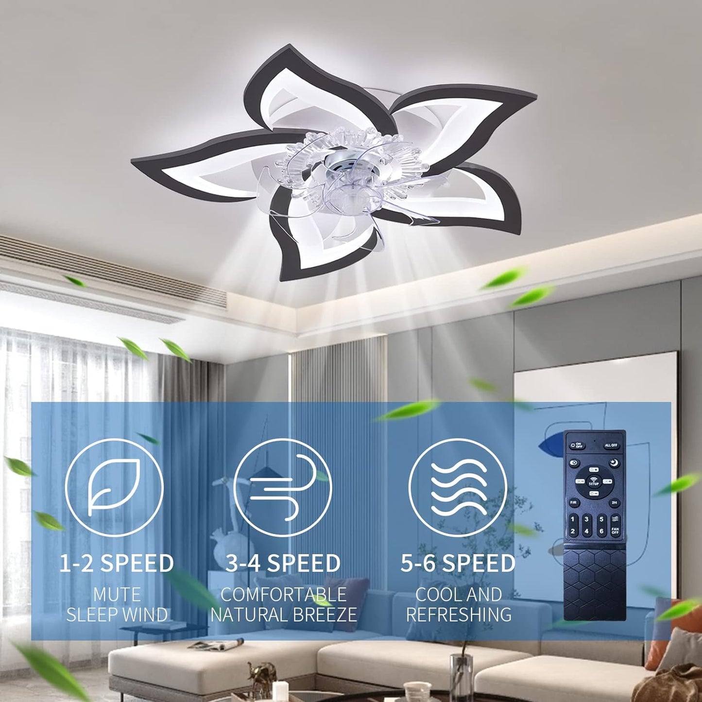 Low Ceiling Light Fan, Low Profile, 6 Wind Speed, 3 Colors (69 cm)