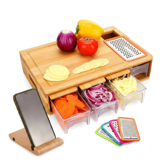 Bamboo Cutting Board Large with 4 Containers and Mobile Holder for Home Kitchen