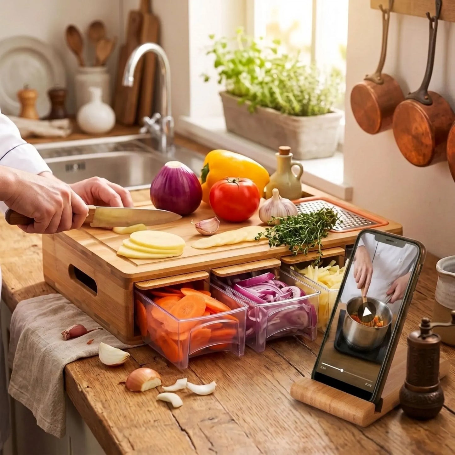 Bamboo Cutting Board Large with 4 Containers and Mobile Holder for Home Kitchen