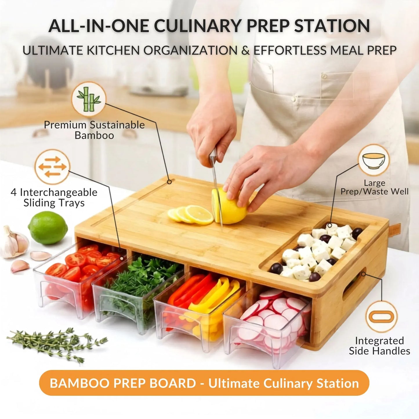 Bamboo Cutting Board Large with 4 Containers and Mobile Holder for Home Kitchen