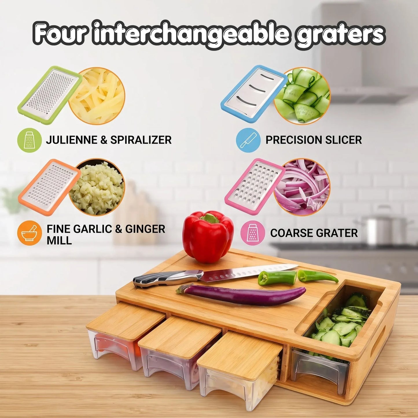 Bamboo Cutting Board Large with 4 Containers and Mobile Holder for Home Kitchen