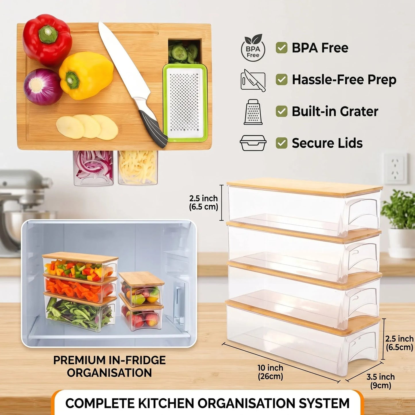 Bamboo Cutting Board Large with 4 Containers and Mobile Holder for Home Kitchen