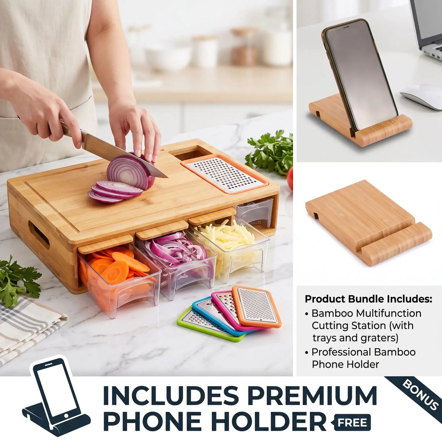 Bamboo Cutting Board Large with 4 Containers and Mobile Holder for Home Kitchen