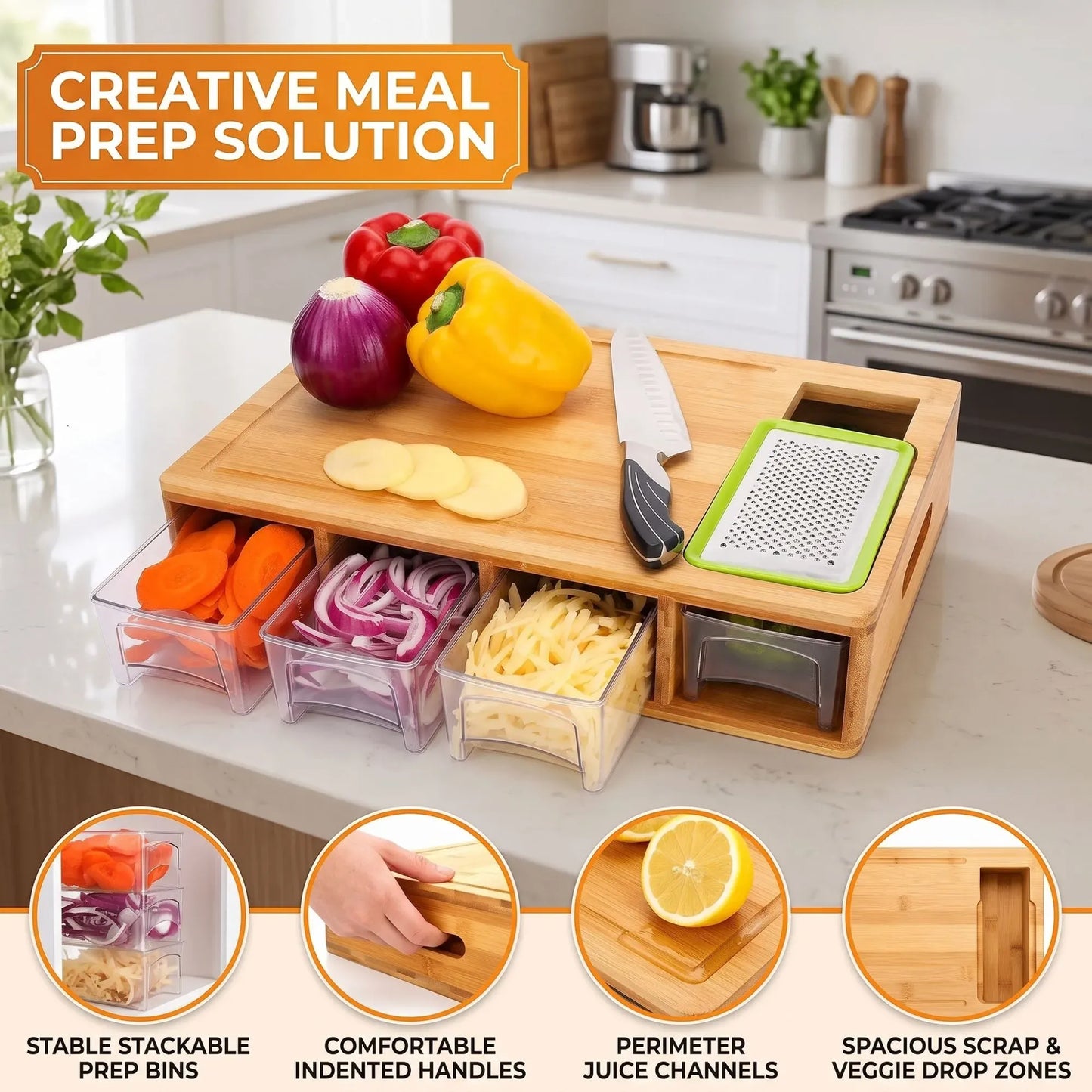 Bamboo Cutting Board Large with 4 Containers and Mobile Holder for Home Kitchen