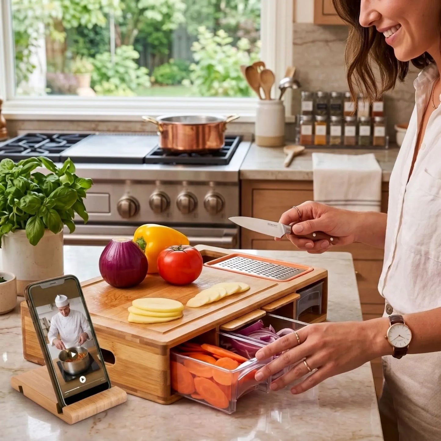 Bamboo Cutting Board Large with 4 Containers and Mobile Holder for Home Kitchen