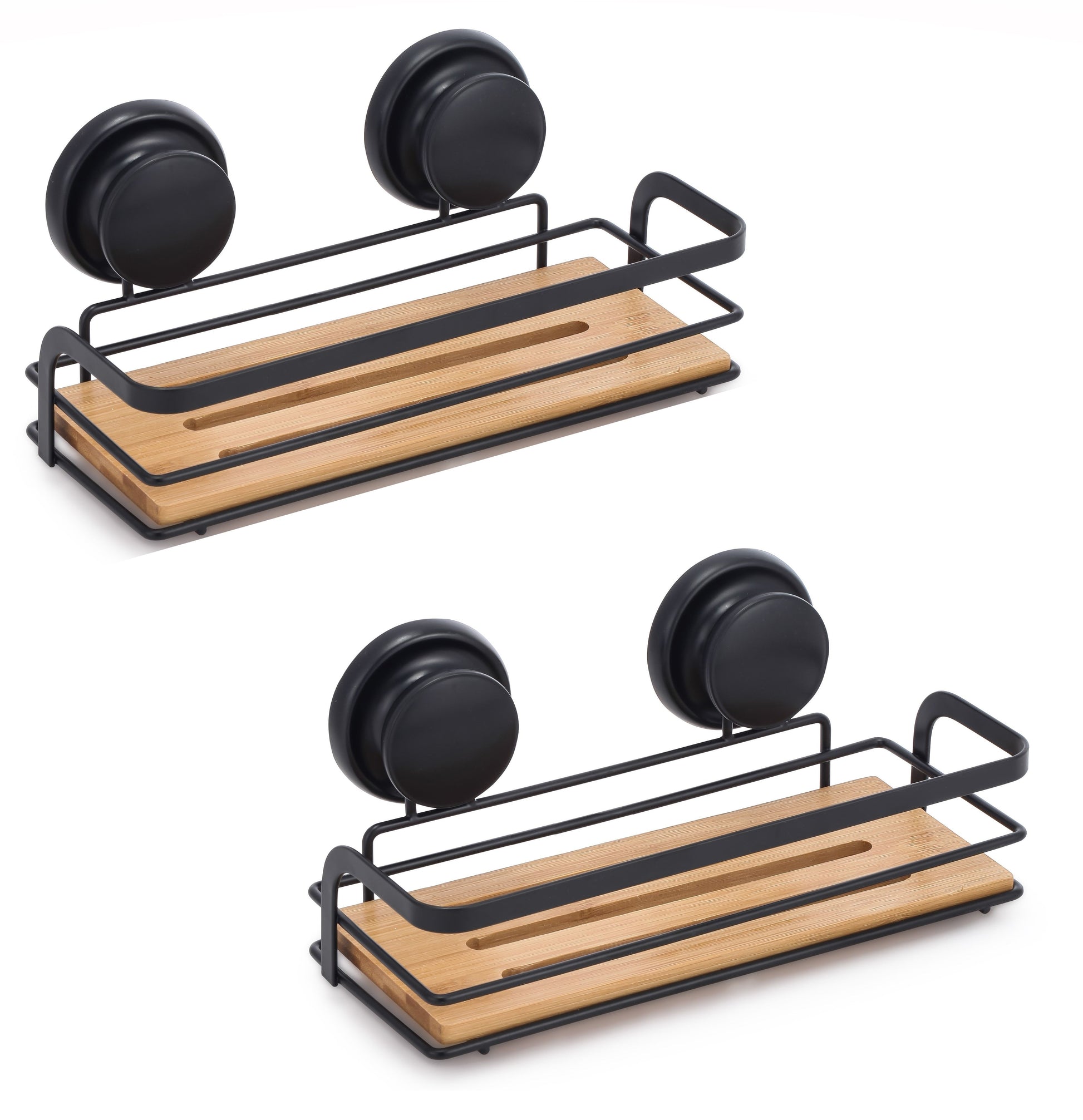 2 Pack Rectangular Bamboo Corner Shower Caddy Shelf Basket Rack with Premium Vacuum Suction Cup No-Drilling for Bathroom and Kitchen