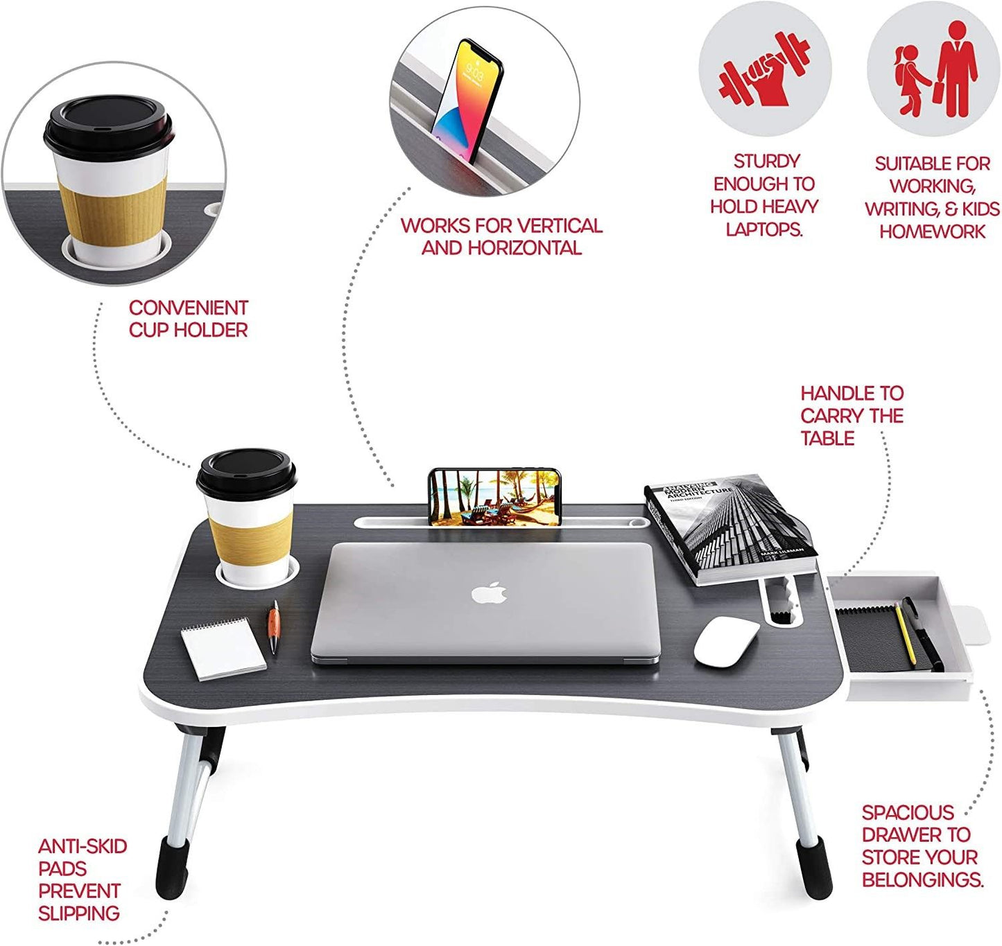 Laptop Bed Desk with Storage and Foldable Legs for Adults, Kids & Home Office