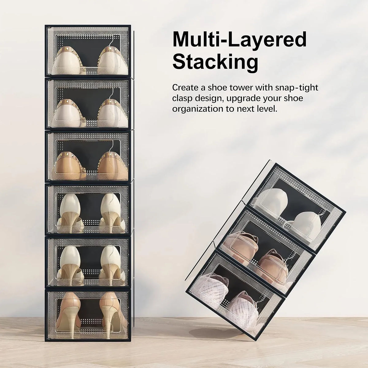 CARLA HOME 12-Pack Clear Shoe Storage Boxes - Stackable - Black - Shoe Box Storage