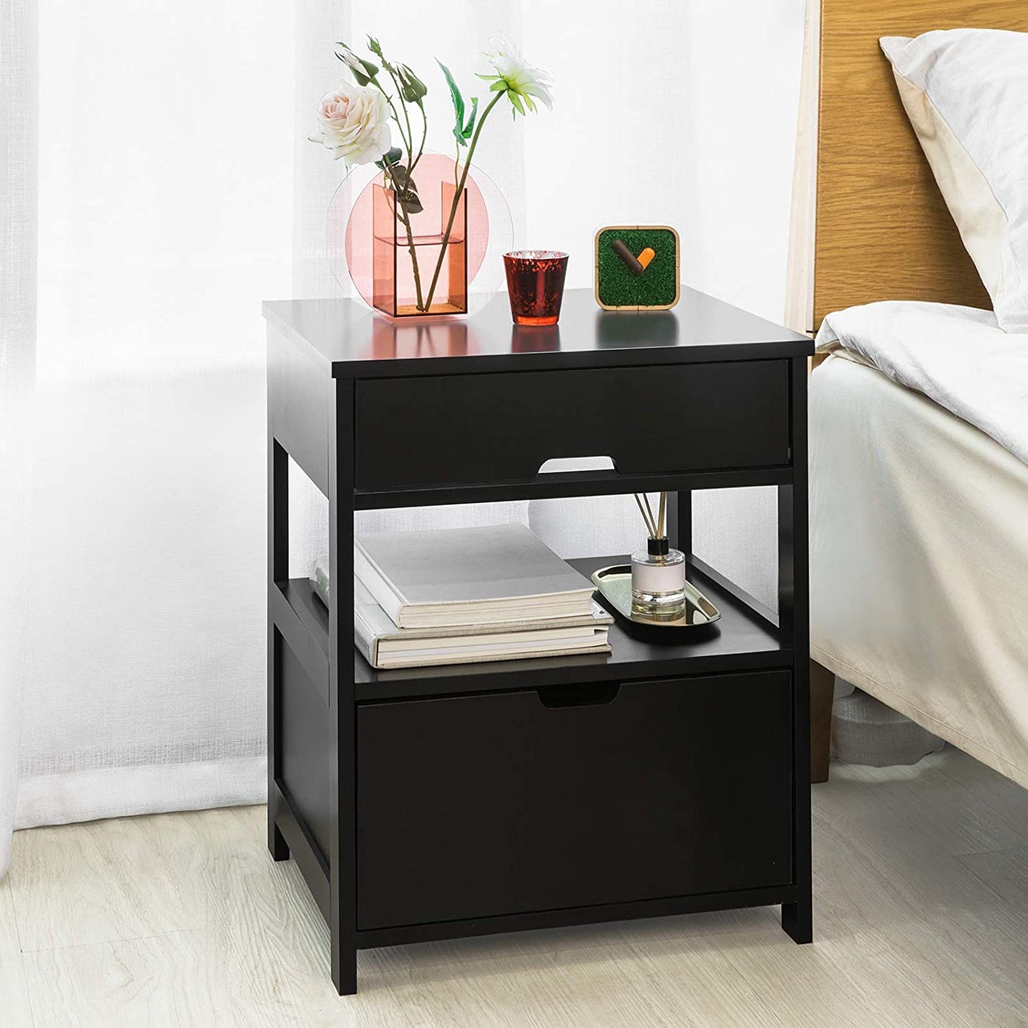 Black Bedside Table with 2 Drawers