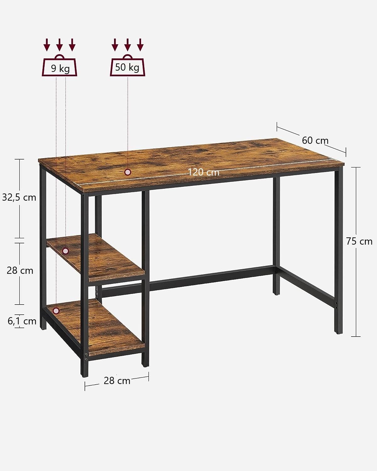 Computer Desk 2 Shelves Rustic, Brown Black