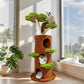 Large Multi-Level Cat Tree Tower in Green & Brown with Plush and Wood Design, 61x148cm
