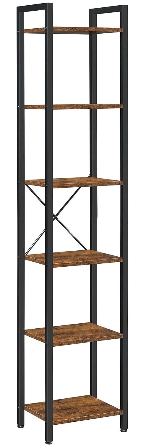 Small 6-Tier Industrial Bookshelf, Rustic Brown, Black