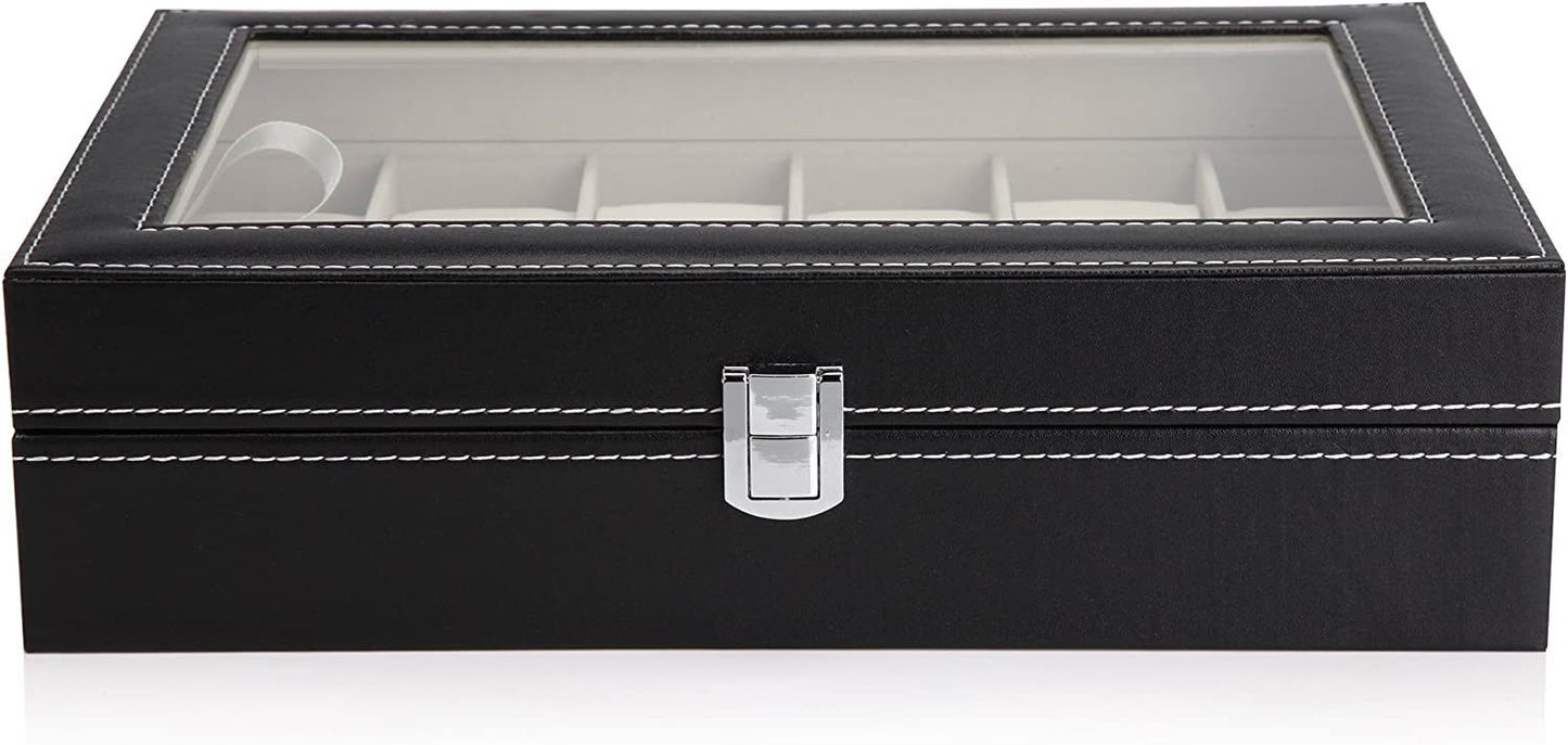 Black PU Leather Watch Organizer Display Storage Box Cases for Men & Women (12 slots)