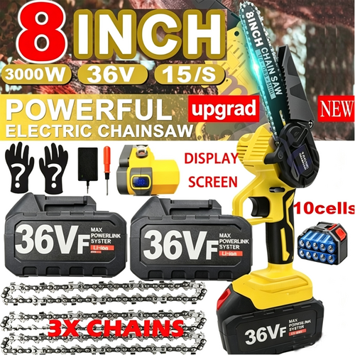 Mini Cordless Chainsaw 36V 8" Rechargeable Wood Cutter with 2 Batteries