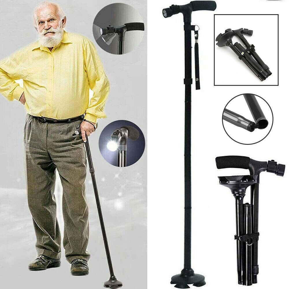 Walking Stick Cane Folding Handle Adjustable Fixed LED Light Aid Holder Lighting