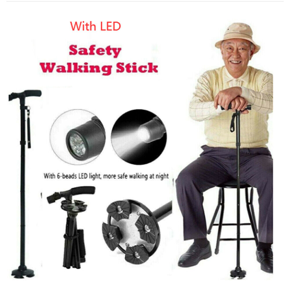 Walking Stick Cane Folding Handle Adjustable Fixed LED Light Aid Holder Lighting