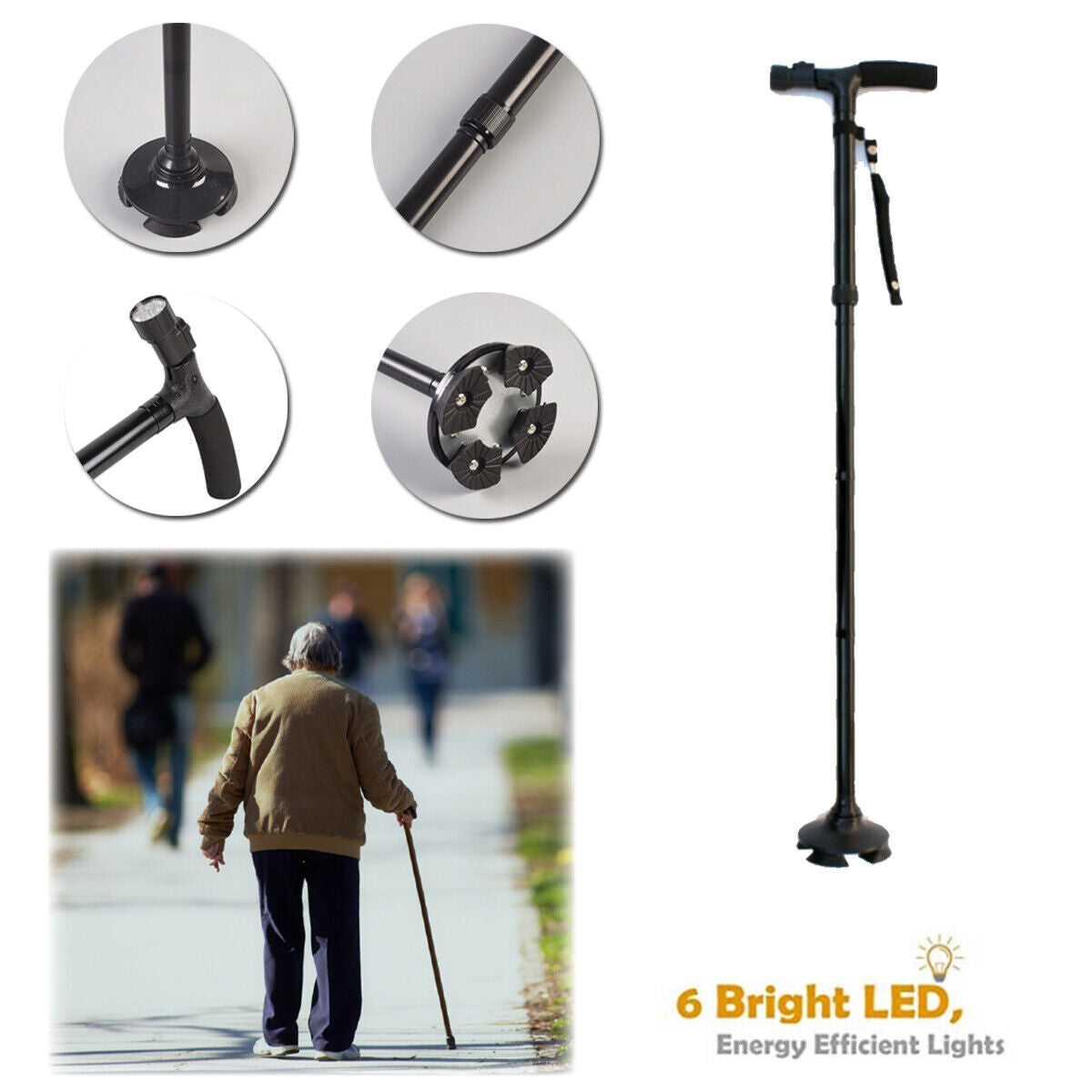 Walking Stick Cane Folding Handle Adjustable Fixed LED Light Aid Holder Lighting