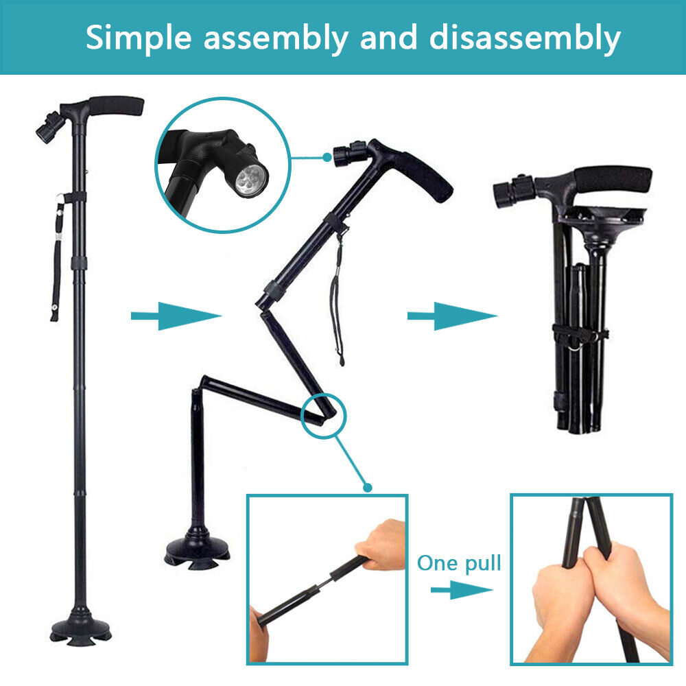 Walking Stick Cane Folding Handle Adjustable Fixed LED Light Aid Holder Lighting