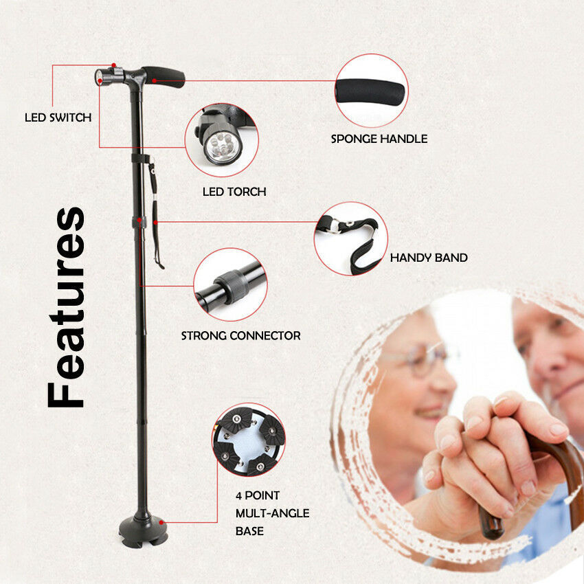 Walking Stick Cane Folding Handle Adjustable Fixed LED Light Aid Holder Lighting