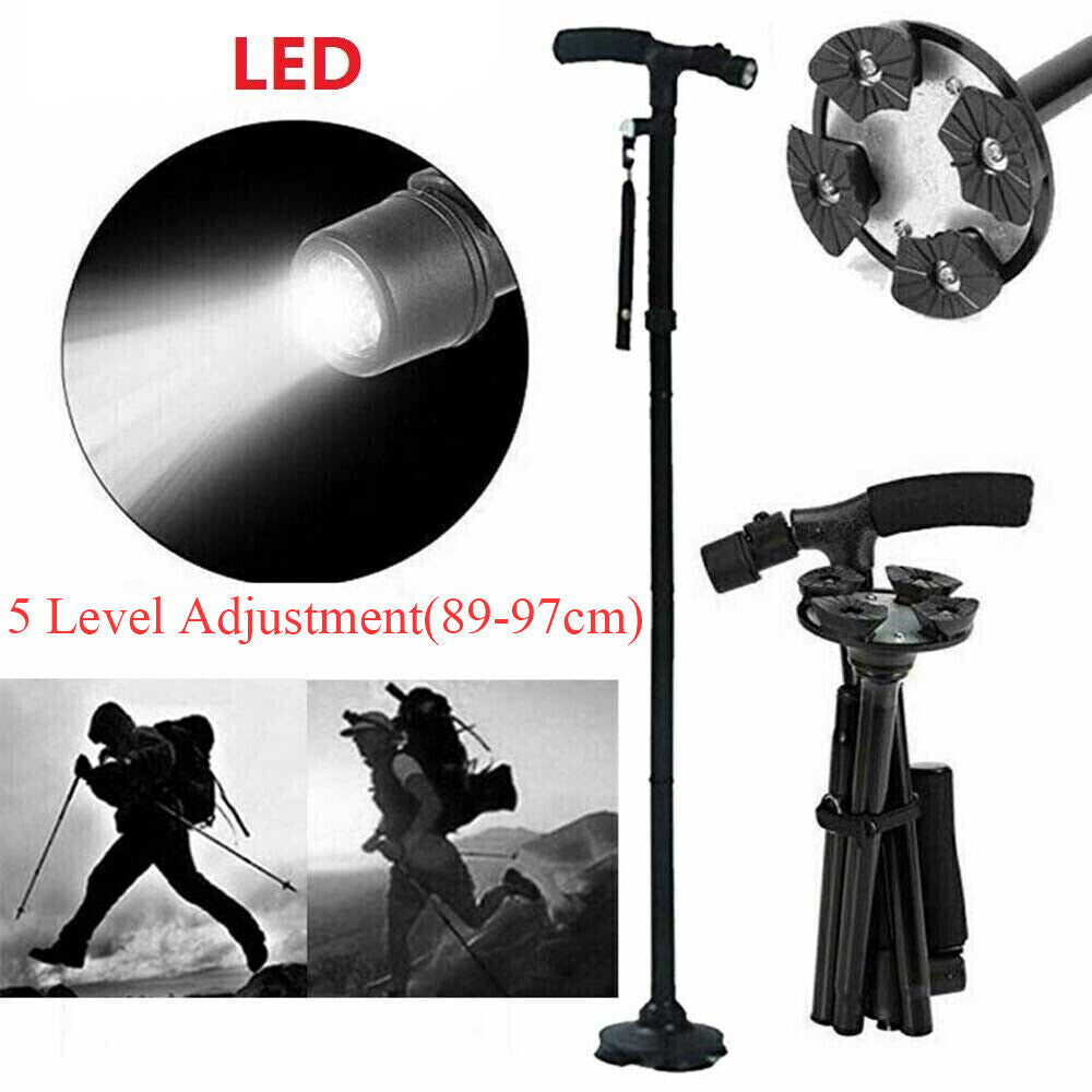 Walking Stick Cane Folding Handle Adjustable Fixed LED Light Aid Holder Lighting