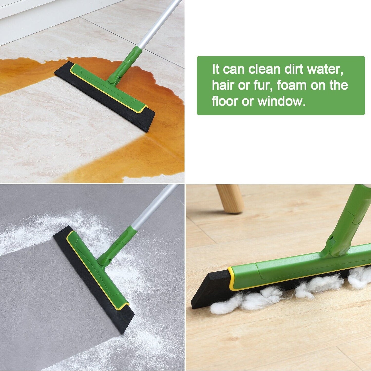 Green Floor Squeegee Wiper Broom for Tile Cleaning with Extendable Handle