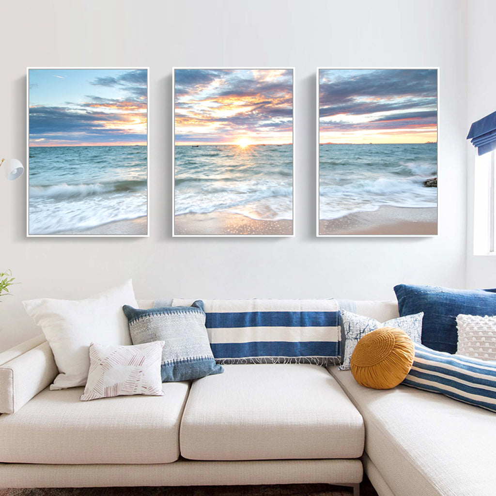 Sunrise by the Ocean Wall Art - 3 Sets White Frame Canvas 60cm x 90cm