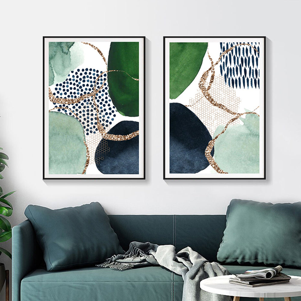 Wall Art Abstract Green and Navy 2 Sets Black Frame Canvas 70x100cm