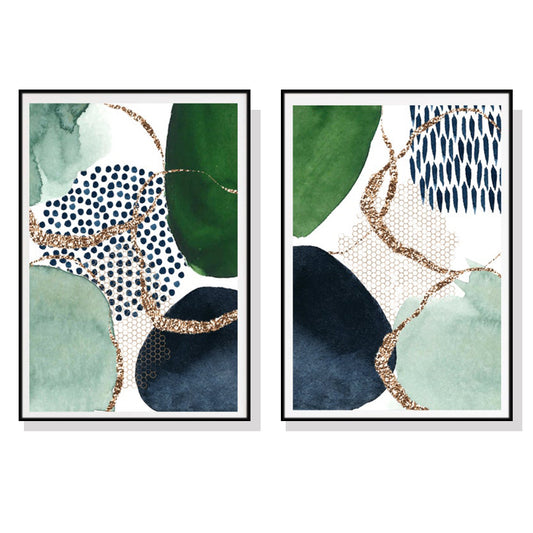 Wall Art Abstract Green and Navy 2 Sets Black Frame Canvas 80x120cm