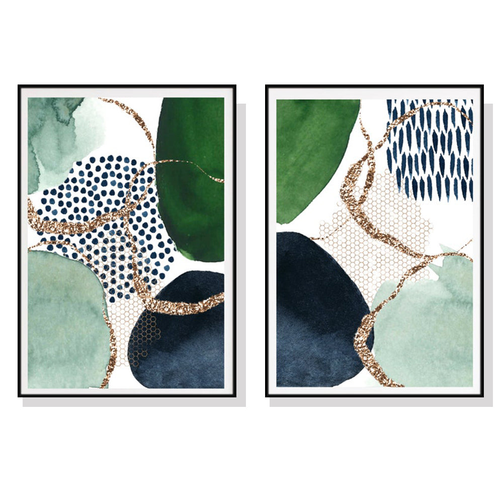 Wall Art Abstract Green and Navy 2 Sets Black Frame Canvas 100x150cm