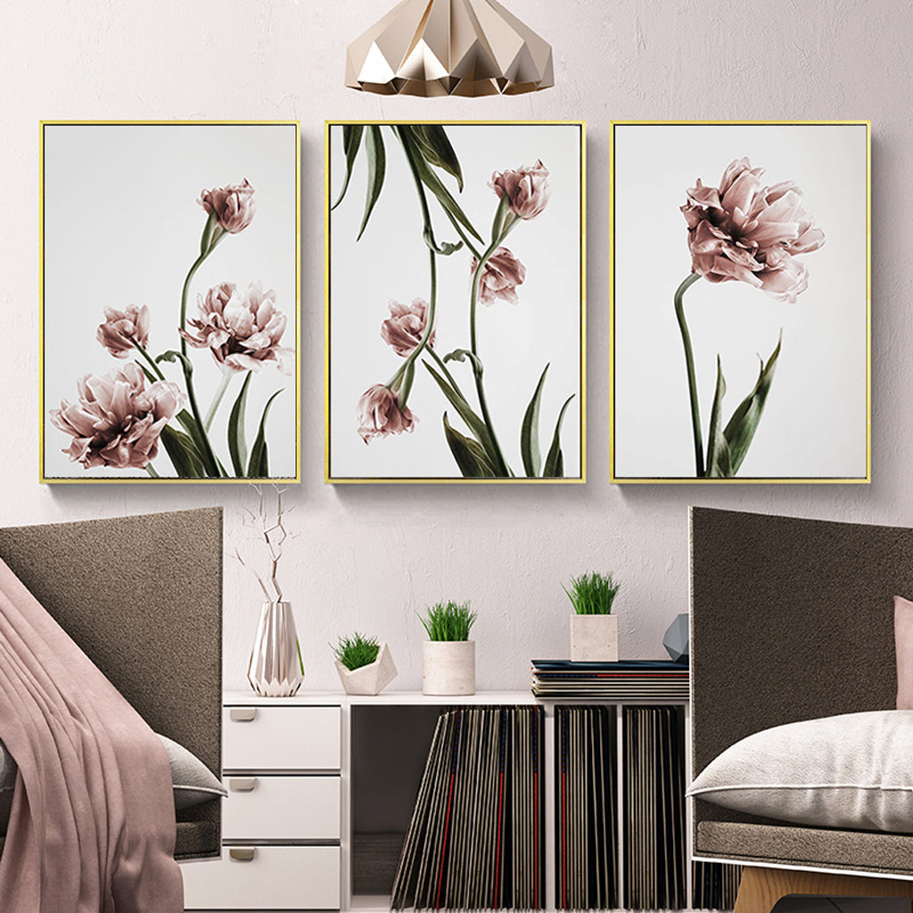 Wall Art Tulip Flower 3 Sets Gold Frame Canvas 100x150cm