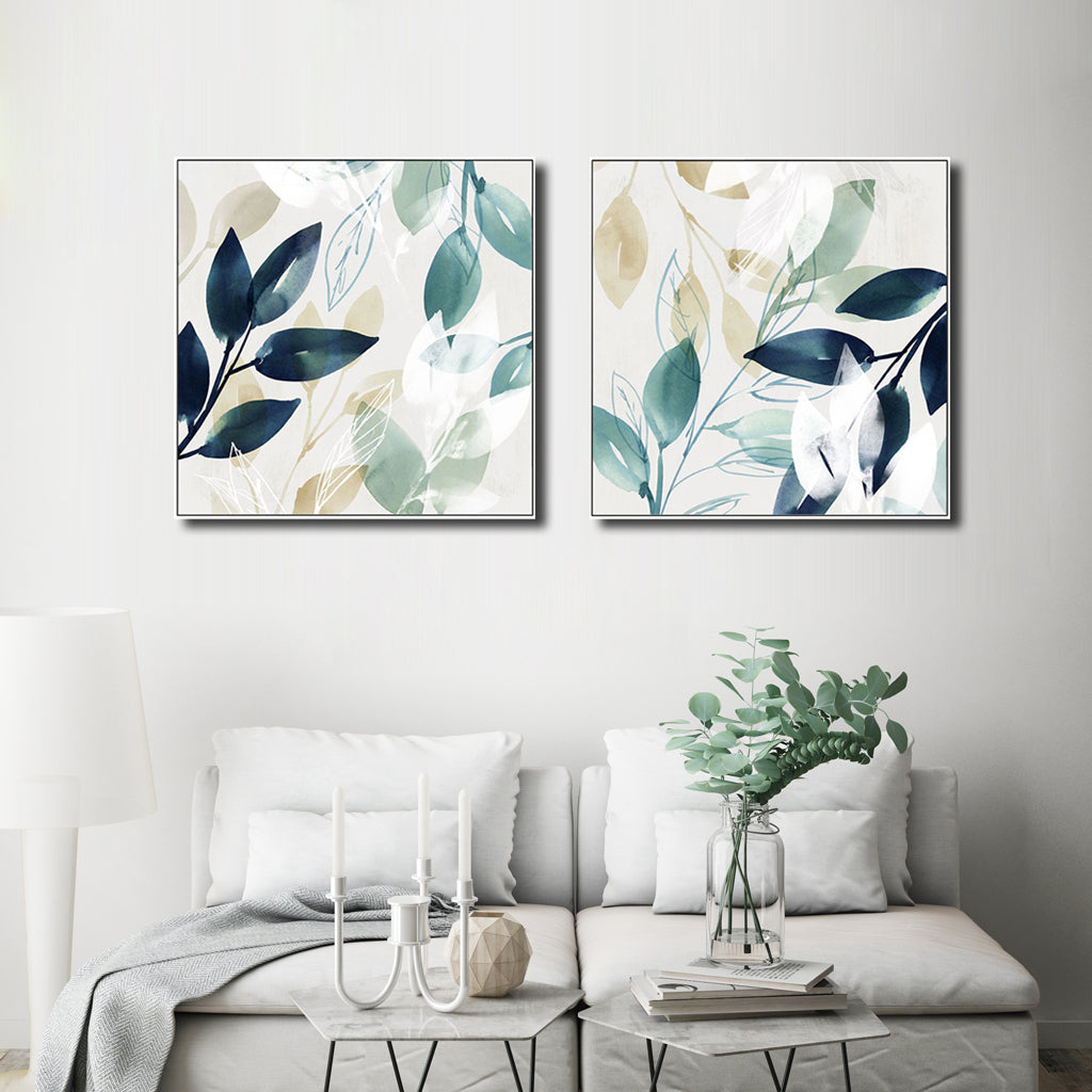 Wall Art Watercolour Style Leaves 2 Sets White Frame Canvas 80x80cm