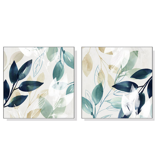 Wall Art Watercolour Style Leaves 2 Sets White Frame Canvas 100x100cm