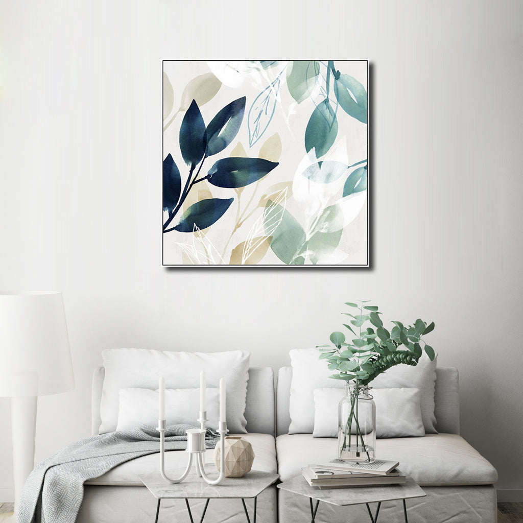 Wall Art Watercolour Style Leaves 2 Sets White Frame Canvas 100x100cm