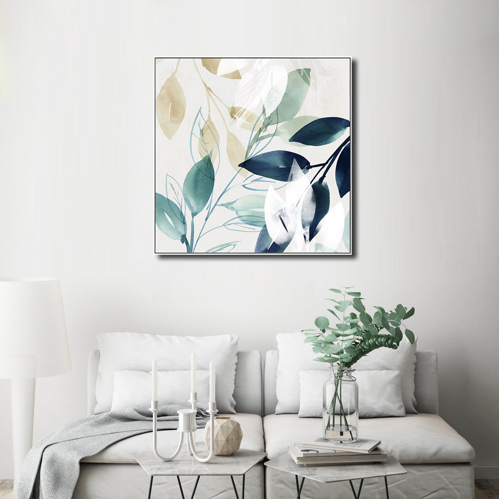 Wall Art Watercolour Style Leaves 2 Sets White Frame Canvas 100x100cm