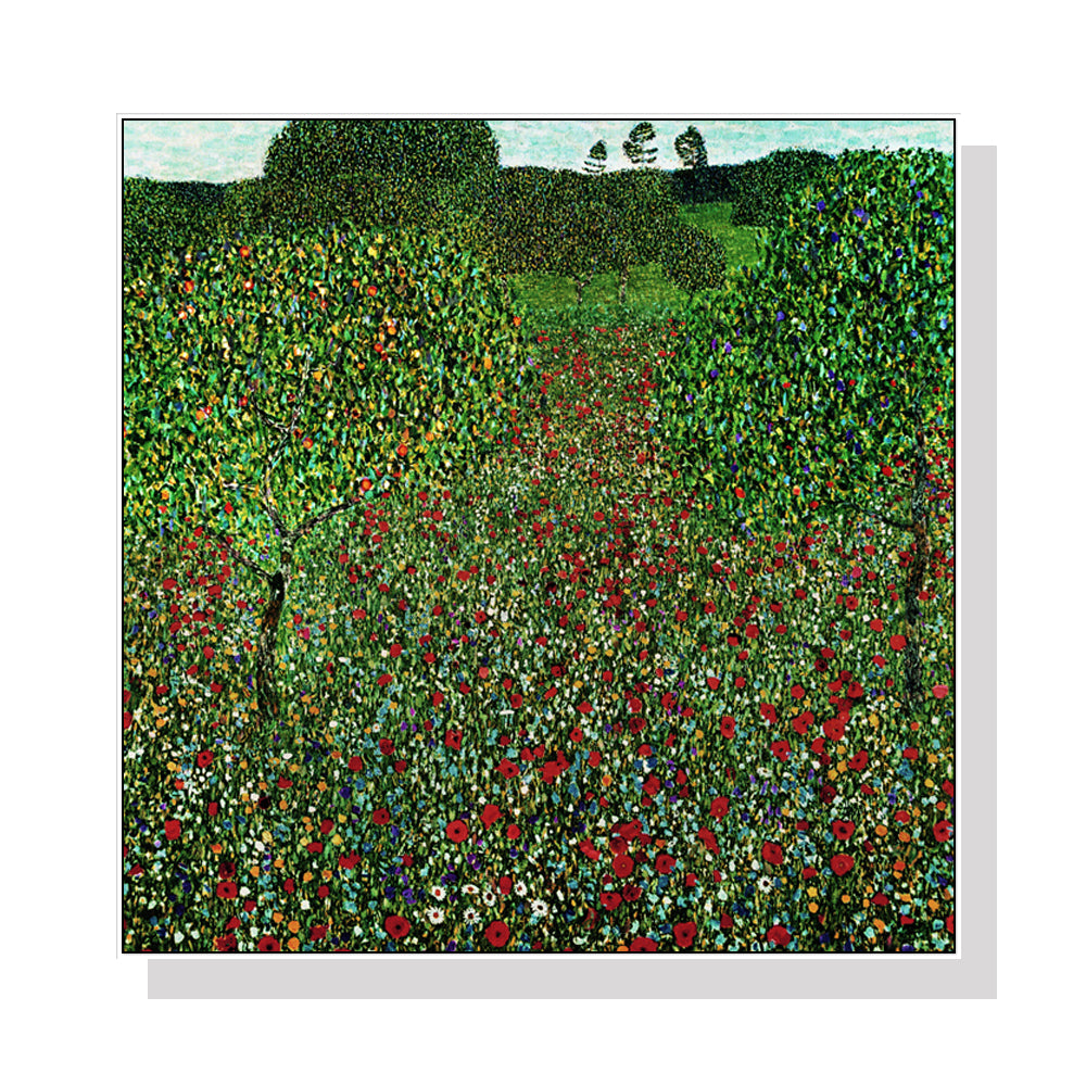 Wall Art 50cmx50cm Field of Poppies by Gustav Klimt - White Frame Canvas