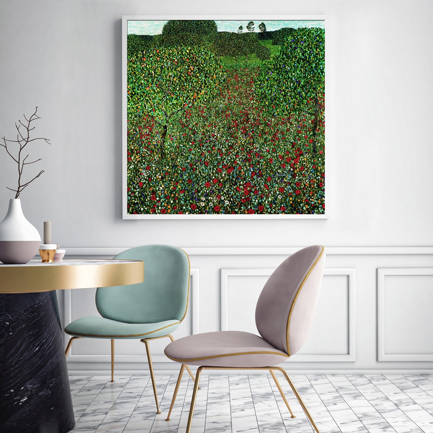 Wall Art 60cmx60cm Field of Poppies by Gustav Klimt - White Frame Canvas