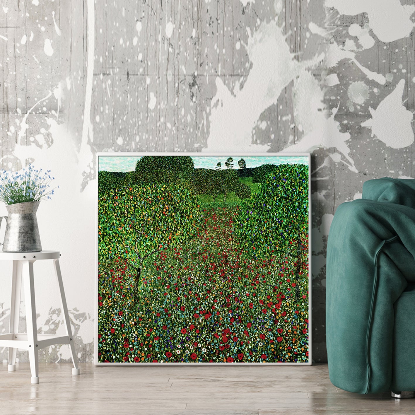 Wall Art 70cmx70cm Field of Poppies by Gustav Klimt - White Frame Canvas