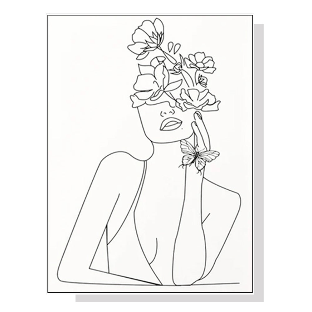 Wall Art Line Art Girl White Frame Canvas 80x120cm